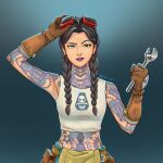  1girl arm_tattoo armpits black_hair braid brown_gloves earrings fortnite freckles full-body_tattoo gloves goggles goggles_on_head green_eyes highres jewelry jules_(fortnite) logo neck_tattoo nose_piercing nose_ring piercing piyo_art print_shirt purple_lips shirt shoulder_tattoo solo tattoo wrench 
