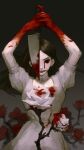  1girl 6_teh alice_in_wonderland alice_liddell american_mcgee&#039;s_alice arms_up black_eyes blood blood_from_eyes blood_on_clothes blood_on_hands blood_on_knife blood_on_weapon bloodshot_eyes brown_hair check_copyright closed_mouth colored_sclera copyright_request crying crying_with_eyes_open dress dripping flower gradient gradient_background grey_lips highres holding holding_knife holding_weapon knife long_hair pale_skin puffy_sleeves red_flower red_rose red_sclera rose smeared_blood smile solo tears thorns weapon white_dress white_flower white_rose 