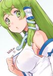  1girl :&lt; breasts covered_nipples dated detached_sleeves flashing green_eyes green_hair hair_ornament hair_tubes kei_jiei kochiya_sanae large_breasts looking_at_viewer nipple_slip nipples no_bra open_clothes open_shirt self_exposure sideboob snake snake_hair_ornament solo touhou white_background 