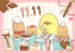 :3 :d absurdres animal animal_focus bear bird blush chef_hat chick chocolate commentary_request cooking eurasian_tree_sparrow food foodieg friends hat heart highres jar no_humans open_mouth original pastry pocky red_neckwear ribbon smile sparrow 