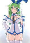  1girl alternate_costume animal_ears ass_visible_through_thighs between_breasts breasts cuffs dated detached_collar detached_sleeves frog frog_hair_ornament garter_straps green_eyes green_hair hair_ornament hair_tubes hand_on_hip hand_on_own_chest headband kei_jiei kochiya_sanae large_breasts looking_at_viewer lowleg lowleg_panties necktie necktie_between_breasts nipple_slip nipples panties playboy_bunny rabbit_ears skindentation snake snake_hair_ornament solo star_pin thigh_gap thighhighs touhou underwear wide_sleeves wrist_cuffs 