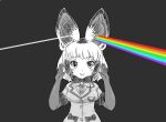 1girl animal_ears bangs bat-eared_fox_(kemono_friends) bow bowtie buttons closed_mouth dark_side_of_the_moon elbow_gloves eyebrows_visible_through_hair fox_ears gloves greyscale hands_up highres jacket kemono_friends lips looking_at_viewer medium_hair monochrome multicolored_hair parody pink_floyd poporu_(hukuroneko) rainbow short_sleeves simple_background smile solo spot_color upper_body 