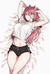 1girl absurdres ass_visible_through_thighs blush casual chainsaw_man dolphin_shorts highres long_hair loose_clothes on_bed pink_hair power_(chainsaw_man) shirt shorts solo thigh_gap thighs urec 