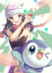  1girl :d absurdres beanie blue_eyes blush bracelet commentary_request dawn_(pokemon) eyebrows_visible_through_hat eyelashes floating_scarf hands_up hat highres holding holding_poke_ball jewelry looking_at_viewer open_mouth piplup pointing poke_ball poke_ball_(basic) pokemon pokemon_(creature) pokemon_(game) pokemon_dppt poketch purple_skirt scarf shirt skirt sleeveless sleeveless_shirt smile teeth tongue upper_teeth watch white_headwear wristwatch yoyon_b 