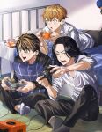  3boys 58hrprtr baji_keisuke black_eyes black_hair black_jacket black_pants blonde_hair collared_shirt controller earrings full_body game_console gamecube gamecube_controller hanemiya_kazutora highres holding holding_controller indoors jacket jewelry knee_up long_hair looking_away lying male_focus matsuno_chifuyu mole mole_under_eye multicolored_hair multiple_boys on_stomach open_mouth pants pillow shirt single_earring sitting sleeves_rolled_up smile socks sweatdrop tokyo_revengers two-tone_hair undercut white_shirt yellow_eyes 