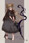  1girl bangs belt black_dress blindfold blonde_hair brown_belt brown_cape cape chain copyright_request dress facing_viewer full_body grey_background hair_ornament highres holding holding_sword holding_weapon jiro_(ninetysix) long_hair lower_teeth magic original shiny shiny_hair short_sleeves sword teeth weapon 