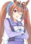  1girl animal_ears bangs bow brown_hair commentary_request crossed_arms daiwa_scarlet_(umamusume) eyebrows_visible_through_hair fang hair_between_eyes hair_bow hair_intakes horse_ears long_hair long_sleeves looking_at_viewer miri_(ago550421) one_eye_closed open_mouth pleated_skirt puffy_long_sleeves puffy_sleeves purple_shirt purple_skirt red_bow red_eyes school_uniform shirt simple_background skirt solo tiara tracen_school_uniform twintails umamusume very_long_hair white_background white_bow 