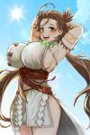  1girl :d arm_tattoo armpits arms_behind_head breasts brown_eyes brown_hair cloud commentary_request facial_mark fate/grand_order fate_(series) flower_tattoo forehead_mark highres himiko_(fate) huge_breasts long_hair looking_at_viewer low_twintails masao_sao obi open_mouth round_teeth sash sideboob sky smile solo sun sunlight tattoo teeth thighs tongue twintails upper_body 