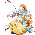  1girl :d bangs barefoot bikini blue_bikini blue_choker blue_ribbon breasts choker cleavage collarbone fishing_rod floating_hair flower full_body hair_between_eyes hair_flower hair_ornament hat hat_ribbon highres holding holding_fishing_rod langrisser langrisser_mobile large_breasts long_hair official_art red_eyes ribbon sarong sideboob silver_hair sitting smile soles solo straw_hat swimsuit transparent_background twintails very_long_hair white_flower zerida 