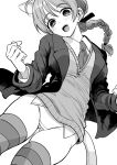  1girl :d animal_ears ass_visible_through_thighs bangs blazer bonkara_(sokuseki_maou) braid cat_ears cat_tail commentary crotch_seam dress_shirt eyebrows_visible_through_hair greyscale hair_tie head_tilt highres jacket leaning_to_the_side long_hair looking_at_viewer lynette_bishop monochrome necktie no_pants open_clothes open_jacket panties shirt single_braid skindentation smile solo strike_witches striped striped_legwear sweater tail thighhighs underwear v-neck wing_collar world_witches_series 
