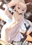  1girl :o ass ayanami_(azur_lane) azur_lane bangs blurry breasts bucket cleavage collarbone commentary_request covering depth_of_field dutch_angle eyebrows_visible_through_hair groin hair_between_eyes hair_ornament hairclip headgear highres long_hair looking_at_viewer medium_breasts nude_cover onsen orange_eyes parted_lips ponytail retrofit_(azur_lane) shinko_gunsei sidelocks silver_hair solo standing steam towel very_long_hair wading wet wet_towel wooden_bucket 