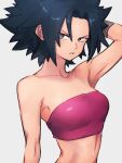  1girl armpits bare_shoulders black_hair blue_eyes breasts caulifla collarbone dragon_ball dragon_ball_super grey_background kemachiku looking_at_viewer medium_breasts short_hair simple_background solo strapless tube_top 