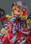  1girl :3 apple ascot bangs blonde_hair chups closed_mouth colored_eyelashes crystal fang flandre_scarlet food from_side fruit golden_apple grey_background hat hat_ribbon highres holding laevatein_(touhou) long_sleeves looking_at_viewer one_side_up pointy_ears red_eyes red_footwear red_nails red_ribbon red_skirt red_vest ribbon ribbon-trimmed_headwear ribbon_trim shirt short_hair simple_background skirt smile solo touhou vest white_headwear white_legwear white_shirt wings yellow_ascot 