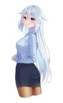  1girl black_skirt blue_eyes blush brown_legwear hair_between_eyes highres long_hair looking_back original pantyhose pencil_skirt shirt simple_background skirt smile solo standing unjem white_background white_hair white_shirt 