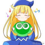  1girl ^_^ bangs blonde_hair blue_headwear blue_shirt blue_skirt blush closed_eyes closed_mouth commentary_request eighth_note eyebrows_visible_through_hair facing_viewer hat holding long_hair long_sleeves mitya musical_note puyo_(puyopuyo) puyopuyo quarter_note shirt simple_background skirt slime_(creature) smile solo twitter_username very_long_hair white_background wide_sleeves witch_(puyopuyo) 