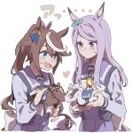  2girls animal_ears bangs blue_eyes brown_hair commentary_request ear_ribbon hair_flaps high_ponytail holding horse horse_ears horse_girl horse_tail long_hair long_sleeves mejiro_mcqueen_(racehorse) mejiro_mcqueen_(umamusume) multicolored_hair multiple_girls ponytail purple_eyes purple_hair purple_sailor_collar purple_shirt ree_(re-19) sailor_collar school_uniform shirt simple_background streaked_hair stuffed_horse stuffed_toy swept_bangs tail tokai_teio_(racehorse) tokai_teio_(umamusume) tracen_school_uniform two-tone_hair umamusume white_background white_hair winter_uniform 