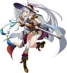  1girl armlet armor bandaged_leg bandages bangs black_headwear breasts closed_mouth floating_hair full_body green_footwear hair_between_eyes highres holding holding_sheath holding_sword holding_weapon langrisser langrisser_mobile leg_up long_hair medium_breasts official_art pointy_ears ponytail red_eyes sheath shiny shiny_skin shoulder_armor sideboob silver_hair sleeveless smile solo standing standing_on_one_leg sword transparent_background unsheathed unsheathing very_long_hair weapon zerida 