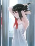  1girl armpits black_hair breasts collarbone dress highres indoors kaguya-sama_wa_kokurasetai_~tensai-tachi_no_renai_zunousen~ light_particles long_hair mouth_hold red_eyes red_ribbon ribbon ribbon_in_mouth see-through_silhouette shinomiya_kaguya shiny shiny_hair sitting sleeveless sleeveless_dress small_breasts solo tying_hair white_dress youngsok 