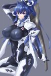  1girl bangs blue_eyes blue_hair bodysuit breasts commentary_request covered_navel covered_nipples cureecoolan fortified_suit grey_background hair_intakes holding holding_sword holding_weapon huge_breasts impossible_clothes long_hair looking_at_viewer mitsurugi_meiya muvluv muvluv_alternative pilot_suit skin_tight solo sword v-shaped_eyebrows weapon 