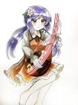  1girl bare_legs barefoot biwa_lute black_neckwear black_ribbon brown_dress closed_mouth commentary_request dress flower hair_flower hair_ornament highres instrument long_hair long_sleeves lute_(instrument) maa_(forsythia1729) music musical_note playing_instrument purple_eyes purple_hair ribbon simple_background smile touhou traditional_media tsukumo_benben twintails white_background white_sleeves 