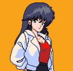  1980s_(style) 1990s_(style) 1girl absurdres ayukawa_madoka black_hair blue_eyes breasts cleavage highres kimagure_orange_road long_hair looking_at_viewer pc98 pixel_art pixelated retro_artstyle self_upload shounen_jump simple_background solo tharkka 