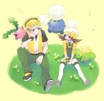  1boy 1girl alternate_color baseball_cap brown_eyes brown_hair closed_mouth commentary_request evolutionary_line flower grass green_overalls green_pants hat head_wreath highres holding holding_flower hoppip jacket jumpluff long_hair lyra_(pokemon) open_mouth pants pokemon pokemon_(creature) pokemon_(game) pokemon_frlg pokemon_hgss pumpkinpan red_(pokemon) shirt shoes short_hair short_sleeves sitting skiploom smile thighhighs tongue twintails white_headwear white_legwear yellow_flower yellow_footwear yellow_headwear yellow_shirt 