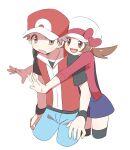  1boy 1girl baseball_cap blue_overalls blue_pants bow brown_eyes brown_hair cabbie_hat commentary_request hat hat_bow highres jacket long_hair lyra_(pokemon) open_mouth overalls pants pokemon pokemon_(game) pokemon_frlg pokemon_hgss pumpkinpan red_(pokemon) red_bow red_headwear red_jacket red_shirt shirt short_hair short_sleeves sleeveless sleeveless_jacket sweatdrop t-shirt thighhighs white_headwear 
