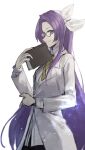  1girl asakura_rikako bangs black_pants book bow breasts forehead glasses hair_bow highres holding holding_book labcoat long_hair long_sleeves otoshiro_kosame pants parted_bangs purple_eyes purple_hair simple_background small_breasts touhou touhou_(pc-98) very_long_hair white_background white_bow yellow_bow yellow_neckwear 