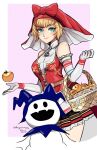  1girl apple apron bare_shoulders basket blonde_hair blue_eyes blush d-ryuu dress elbow_gloves food frills fruit garter_straps gloves golden_apple hat hood idunn_(megami_tensei) jack_frost looking_at_viewer open_mouth red_hood shin_megami_tensei shin_megami_tensei_v short_hair simple_background skirt smile thighhighs 