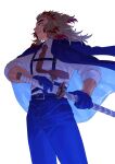  1boy belt belt_buckle black_belt blonde_hair blue_gloves blue_jacket blue_pants buckle closed_mouth collared_shirt floating_hair gloves highres holding holding_sheath holding_sword holding_weapon jacket jacket_on_shoulders kimetsu_no_yaiba long_sleeves male_focus multicolored_hair necktie pants red_hair red_necktie remsor076 rengoku_kyoujurou sheath sheathed shirt simple_background smile solo sword two-tone_hair weapon white_background white_shirt wing_collar yellow_eyes 