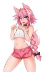  1boy animal_ears astolfo_(fate) bare_shoulders braid braided_ponytail check_commentary choker commentary commentary_request cowboy_shot dog_boy dog_ears dog_tail eyebrows_visible_through_hair fang fate/grand_order fate_(series) hair_between_eyes hevn long_hair looking_at_viewer male_focus midriff navel open_mouth otoko_no_ko pink_eyes pink_hair shorts simple_background skin_fang sleeveless solo tail tongue white_background 