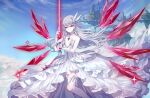  1girl absurdres bangs bare_shoulders blue_sky character_request choker cloud copyright_request day dress feet_out_of_frame floating_island gloves hair_between_eyes head_wings highres holding holding_sword holding_weapon long_hair looking_at_viewer outdoors red_eyes sheya silver_hair sky solo strapless strapless_dress sword thighhighs weapon white_dress white_gloves 