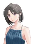  11ama 1girl artist_name bangs black_hair blue_camisole camisole collarbone dated eyebrows_behind_hair frown head_tilt looking_up mole mole_under_mouth original portrait purple_eyes short_hair solo white_background 