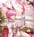  1girl animal_ears apple bangs blurry blurry_background chinese_commentary closed_eyes dress food fox_ears fruit grapes hair_between_eyes hair_ornament honkai_(series) honkai_impact_3rd japanese_clothes katana kimono long_sleeves looking_at_viewer lowres mixed-language_commentary outdoors petals pink_hair purple_eyes reward_available sheath sheathed smile solo sword weapon wedding_dress white_kimono yae_sakura yae_sakura_(gyakushinn_miko) zombie-andy 