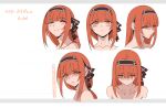  1girl bangs blunt_bangs character_name character_sheet closed_mouth collarbone frown hairband long_hair looking_at_viewer looking_away looking_down looking_to_the_side low_ponytail multiple_views open_mouth orange_eyes orange_hair original ponytail rachel_(walzrj) ribbon sad sidelocks smile sweatdrop tearing_up walzrj white_background 