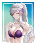  1girl absurdres azur_lane bikini braid breasts butterfly_hair_ornament choker cleavage crown_braid dunkerque_(azur_lane) dunkerque_(summer_sucre)_(azur_lane) eyebrows_visible_through_hair front-tie_bikini front-tie_top frozen-sad gradient gradient_background hair_ornament highres long_hair looking_at_viewer medium_breasts official_alternate_costume ponytail purple_bikini red_eyes sapphire_(gemstone) see-through_sleeves silver_hair simple_background solo swimsuit 