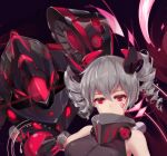  1girl bangs bare_shoulders black_background black_leotard bronya_zaychik bronya_zaychik_(black_nucleus) close-up closed_mouth drill_hair grey_hair honkai_(series) honkai_impact_3rd leotard lowres project_bunny red_eyes reward_available simple_background sleeveless twin_drills zombie-andy 