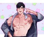  &gt;_o 1boy ;p abs artist_name bangs bara black_hair grey_jacket highres jacket large_pectorals looking_at_viewer male_focus muscular muscular_male navel necktie nipples one_eye_closed open_clothes open_jacket original pectorals piercing plaid plaid_jacket short_hair smile solo star_(symbol) teeth tongue tongue_out tongue_piercing undone_necktie upper_teeth watermark y9tti 