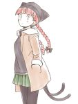  1girl alternate_costume animal_ears black_sweater blush bow braid casual cat_ears commentary extra_ears hands_in_pockets jacket kaenbyou_rin looking_at_viewer multiple_tails nekomata pants pants_under_skirt pantyhose pointy_ears rangycrow red_hair sketch skirt solo standing sweater tail touhou twin_braids white_background 