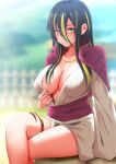  1girl albis_(tensei_shitara_slime_datta_ken) areola_slip areolae black_hair blurry blurry_background blush breasts brown_nails commentary crossed_arms day english_commentary ginhaha green_eyes hair_between_eyes highres japanese_clothes kimono large_breasts long_bangs long_hair long_sleeves looking_at_viewer multicolored_hair nail_polish nipple_slip nipples no_bra outdoors parted_lips reward_available sash sitting solo streaked_hair tensei_shitara_slime_datta_ken thigh_strap two-tone_hair white_kimono 