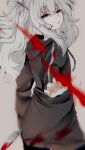  1girl artist_request black_sweater_vest blood blood_on_face creepypasta highres knight original pink_eyes sasseo_kim_(kyone_burst) short_twintails simple_background solo source_request sweater_vest twintails white_hair 