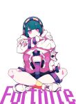  1girl backpack bag baggy_clothes bangs blue_hair crossed_legs fortnite headphones hood hoodie logo long_sleeves looking_at_viewer please_powor red_eyes short_hair simple_background skirt solo stuffed_animal stuffed_toy white_background yuki_(fortnite) 