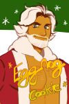  1boy bara beard blue_eyes character_name chest_hair coat cookie_run eggnog_cookie facial_hair green_background highres looking_at_viewer male_focus muscular muscular_male mustache pectoral_cleavage pectorals pijattingdong santa_costume short_hair sideways_glance smile smirk solo thick_eyebrows topless_male two-tone_background upper_body white_background white_hair 