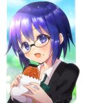  1girl bangs black-framed_eyewear black_jacket blue_eyes blue_hair blush bow bowtie bread ciel_(tsukihime) collared_shirt commentary curry_bread eyebrows_visible_through_hair food food_on_face glasses green_bow green_bowtie hair_between_eyes highres holding holding_food itsuka_neru jacket looking_at_viewer open_clothes open_jacket open_mouth school_uniform shirt short_hair smile solo tongue tsukihime tsukihime_(remake) uniform upper_body vest white_shirt yellow_vest 