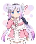  1girl ? bangs blue_eyes blunt_bangs commentary dragon_girl dragon_tail english_commentary eyebrows_visible_through_hair frilled_skirt frills fur_trim gradient_hair hair_bobbles hair_ornament highres index_finger_raised kanna_kamui kobayashi-san_chi_no_maidragon long_hair long_sleeves looking_at_viewer low_twintails multicolored_hair pointer sidelocks silver_hair simple_background skirt solo sorreinhart tail thighhighs twintails twitter_username white_background white_legwear zettai_ryouiki 