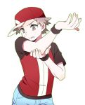  1boy baseball_cap blue_pants brown_eyes brown_hair brown_shirt commentary_request fingernails hands_up hat jacket looking_down male_focus pants parted_lips pokemon pokemon_(game) pokemon_frlg pumpkinpan red_(pokemon) red_headwear red_jacket shirt short_hair short_sleeves simple_background sleeveless sleeveless_jacket solo spiked_hair sweatdrop white_background wristband 