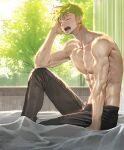  1boy abs bed_sheet black_pants closed_eyes curtains earrings green_hair jewelry male_focus messy_hair muscular muscular_male one_piece open_mouth pants pectorals roronoa_zoro runa_(artist) sharp_teeth shiny shiny_skin solo teeth toned toned_male topless_male tree yawning 
