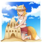  1girl :3 animal_ears bangs bare_shoulders beach blue_sky blurry casual cloud cloudy_sky collarbone commentary depth_of_field english_commentary eyebrows_visible_through_hair fox_ears fox_girl fox_tail hair_between_eyes hair_ornament hat highres kneeling looking_at_viewer navel orange_hair red_skirt sand_castle sand_sculpture senko_(sewayaki_kitsune_no_senko-san) sewayaki_kitsune_no_senko-san short_hair sidelocks skirt sky sleeveless solo sorreinhart spaghetti_strap stomach straw_hat tail teeth watermark yellow_eyes 