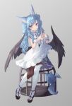  1girl animal_ear_fluff animal_ears asymmetrical_legwear bangs black_wings blue_hair blush brown_footwear brown_legwear closed_mouth commentary cross dress eyebrows_visible_through_hair feathered_wings full_body highres kneehighs long_hair looking_away mishuo_(misuo69421) original pantyhose pantyhose_under_kneehighs purple_eyes quad_tails single_kneehigh single_thighhigh sitting solo steepled_fingers symbol-only_commentary thighhighs thighhighs_over_pantyhose uneven_legwear white_dress white_legwear wings wrist_cuffs 