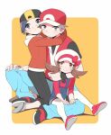  1girl 2boys backwards_hat baseball_cap black_hair black_pants blue_pants bow brown_eyes brown_hair cabbie_hat capri_pants closed_mouth commentary_request ethan_(pokemon) hat hat_bow jacket long_hair looking_back lyra_(pokemon) multiple_boys pants parted_lips pokemon pokemon_(game) pokemon_frlg pokemon_hgss pumpkinpan red_(pokemon) red_bow red_footwear red_headwear red_jacket red_shirt shirt shoes short_hair short_sleeves sitting sweatdrop thighhighs twintails white_headwear white_legwear 